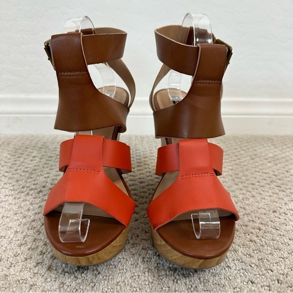 Parker & Sky Brown Orange Strappy Buckle Platform Wedge Heels Size 8 - Picture 2 of 7